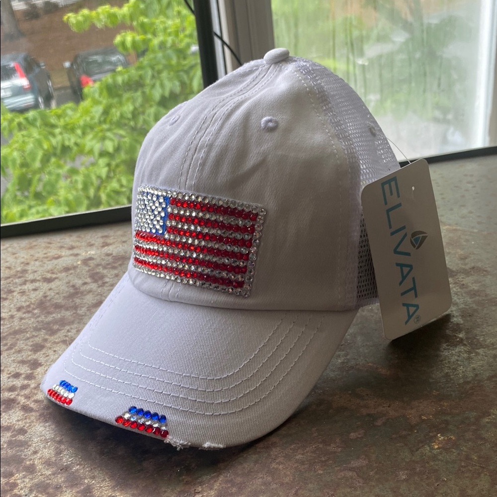 Elivata USA Flag w/Crystals White High Ponytail Trucker Cap. Distressed Bill NWT